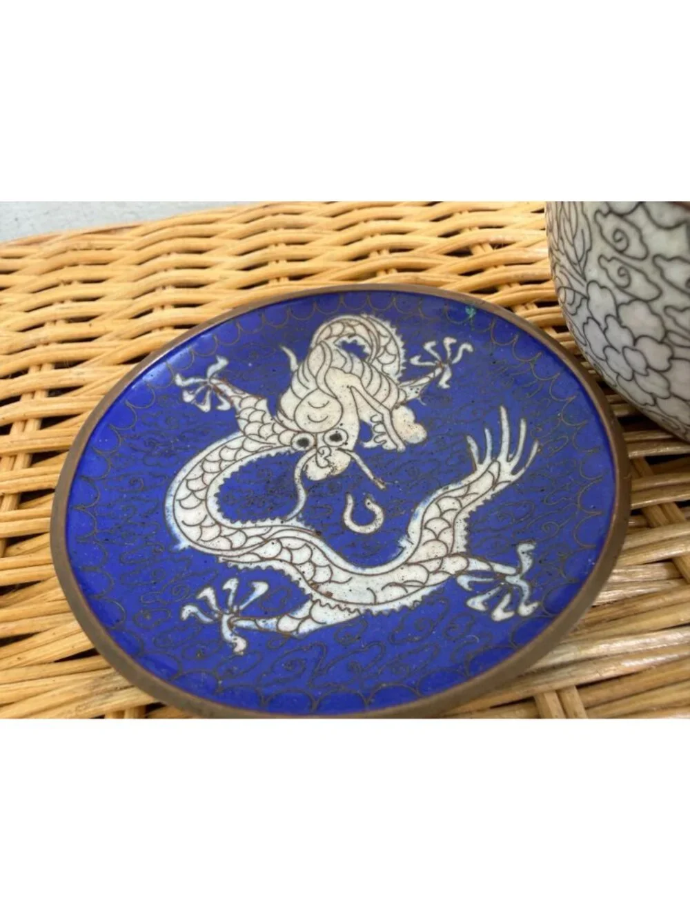 Vintage 1930s Chinese Cloisonne Enamel Bowl And Dragon Trinket Dish Plate